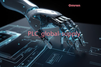 Futuristic robotic hand, Omron brand, PLC global supply, digital design background.