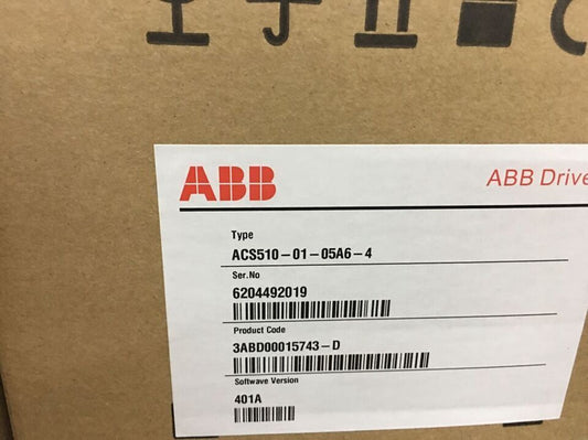 ABB ACS510-01-05A6-4 frequency converter box showing model, serial number, and product code details.