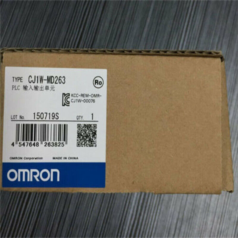 OMRON CJ1W-MD263 PLC controller box, new, model details, and barcode.