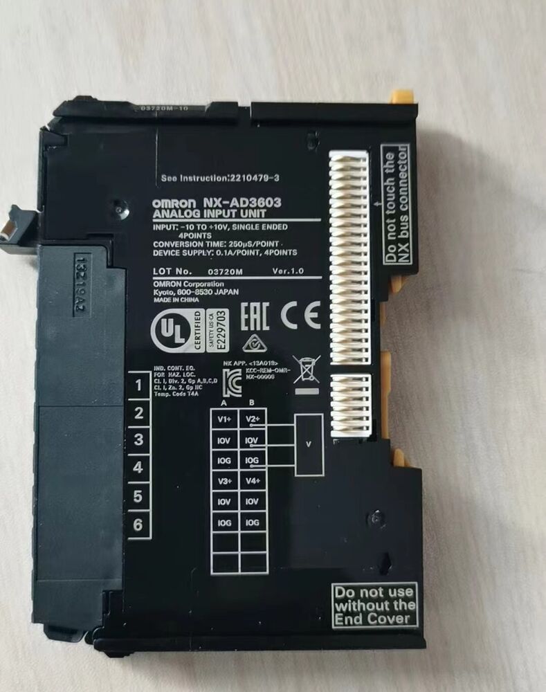Omron NX-AD3603 Analog Input Unit, black unit with white connector and labels, product for industrial automation.