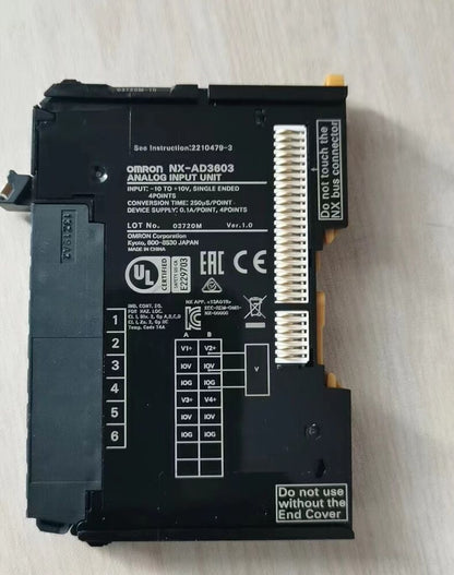Omron NX-AD3603 Analog Input Unit, black unit with white connector and labels, product for industrial automation.