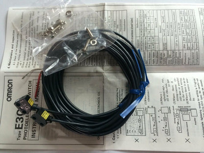 Omron E3C-S50 Photoelectric Switch with instruction manual and accessories. Black cable, product details visible. NEW IN BOX.
