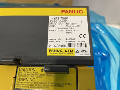 FANUC A06B-6150-H075 Servo Amplifier, new component with warning labels, Made in Japan.