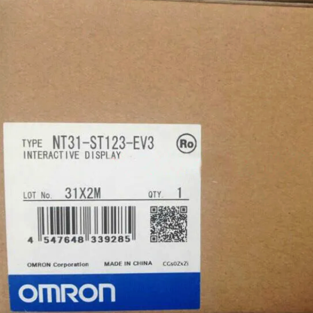 Omron NT31-ST123-EV3 interactive display PLC module label detail, QTY 1, Made in China.