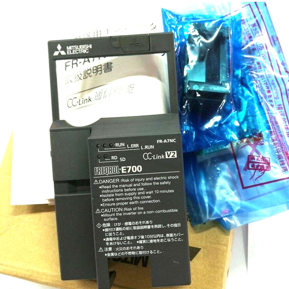 Mitsubishi FR-A7NC PLC Module with CC-Link V2 Interface, packaged.