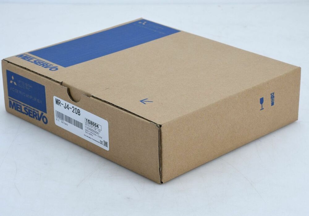 Mitsubishi MR-J4-20B Servo Drive in original box, brown cardboard packaging. MELSERVO product, fast shipping.