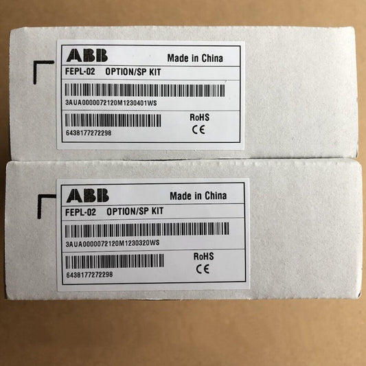 ABB FEPL-02 Communication Module boxes, Made in China, with product details and bar codes, ABB HMI spare parts