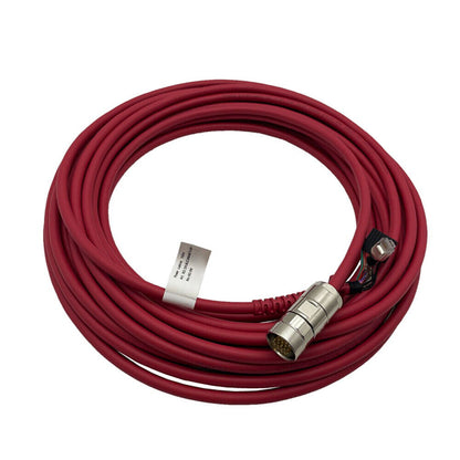 ABB 3HAC084673-001 Teach Pendant Cable, red, coiled, industrial automation part with metal connector.