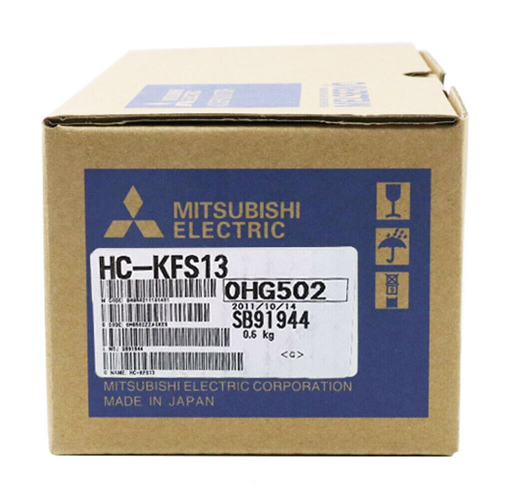 Mitsubishi HC-KFS13 AC Servo Motor box, featuring product details and specifications.