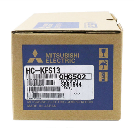 Mitsubishi HC-KFS13 AC Servo Motor box, featuring product details and specifications.