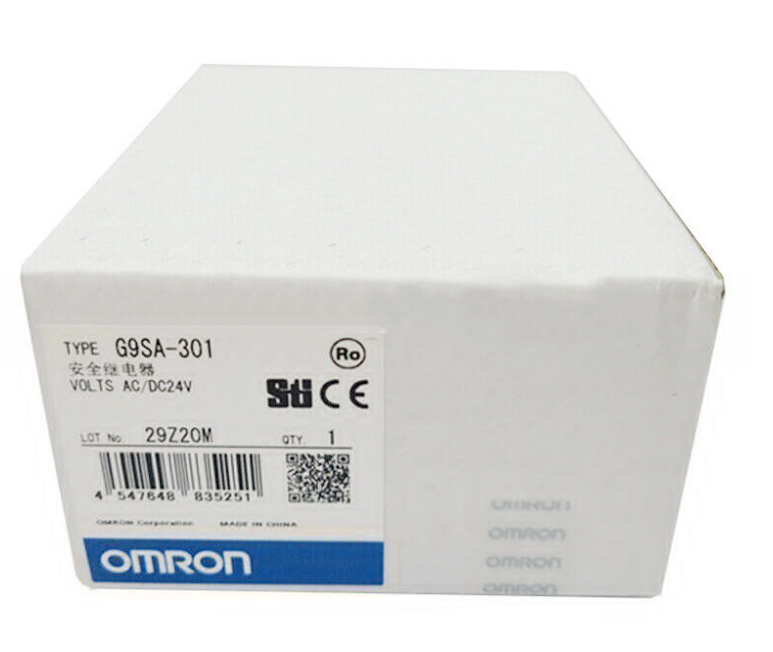 Omron G9SA-301 safety relay unit box, featuring model information, AC/DC24V, and the Omron logo. New in Box.