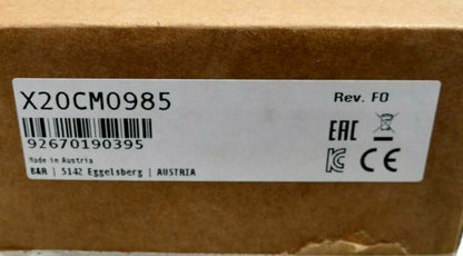 B&R X20CM0985 I/O Module label, Rev. F0, Made in Austria, PLC module for industrial automation.