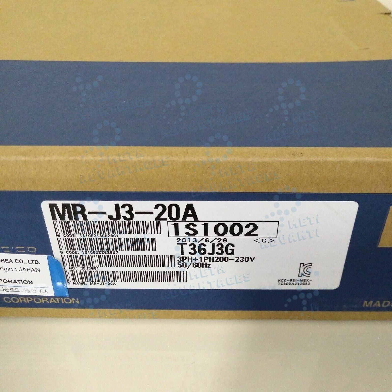 Mitsubishi MR-J3-20A Servo Drive Label, T36J3G model with 3PH+1PH 200-230V 50/60Hz.