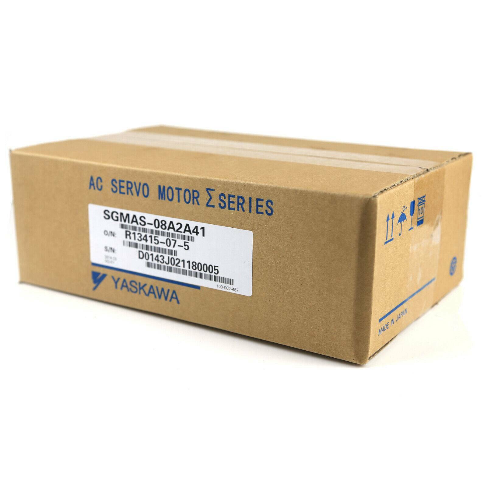 Yaskawa AC Servo Motor SGMAS-08A2A41 in brown cardboard box, industrial automation component, Made in Japan
