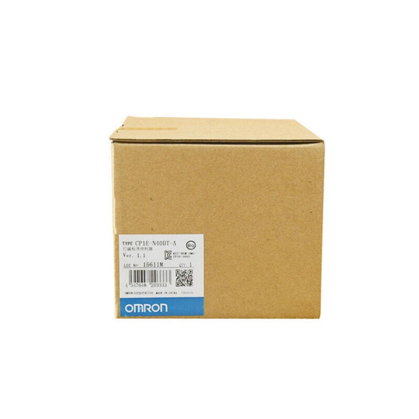New OMRON CP1E-N40DT-A PLC module in its original box. Product packaging includes specifications and OMRON logo.