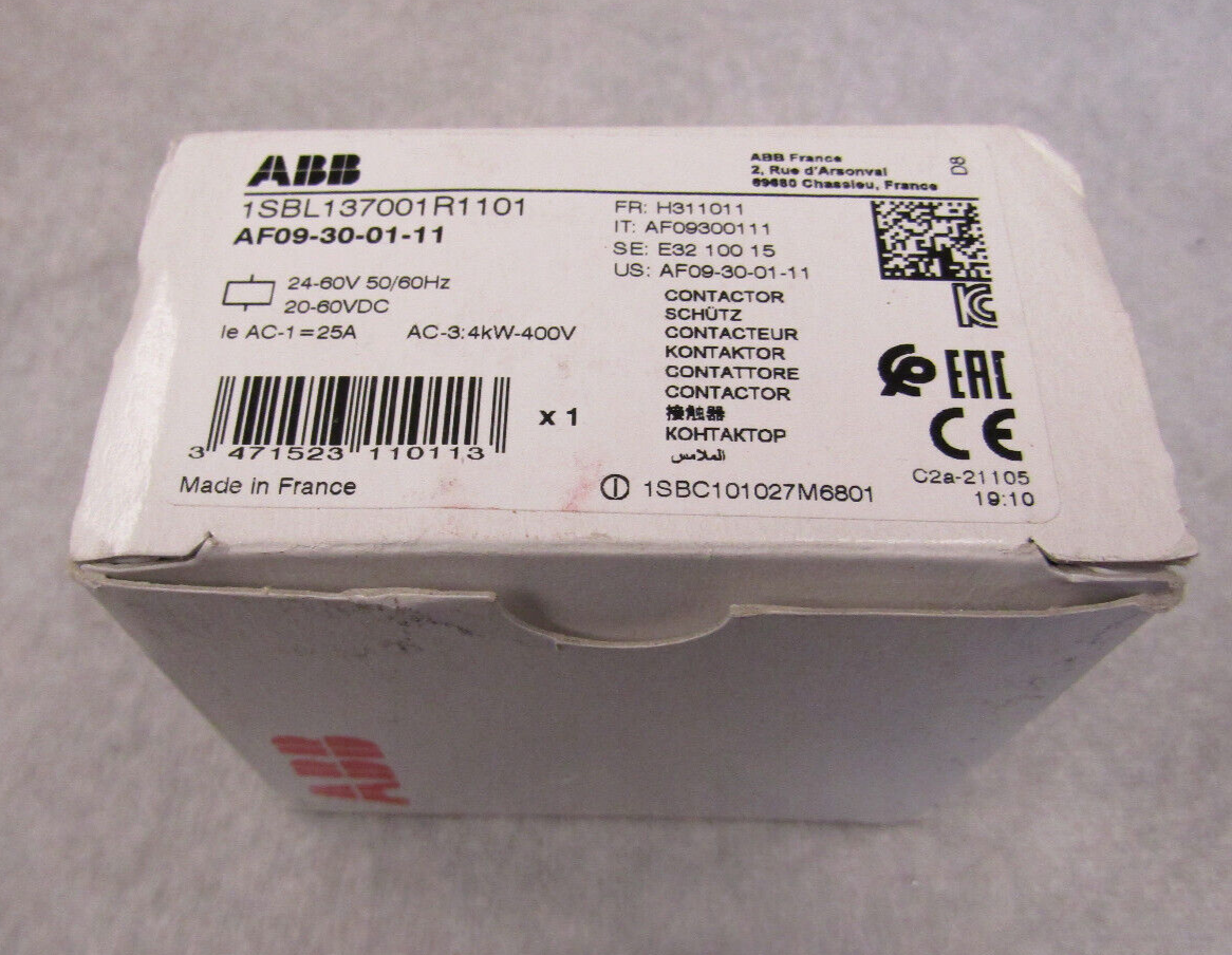 ABB AF09-30-01-11 Contactor Relay in packaging. Made in France. Industrial automation part.