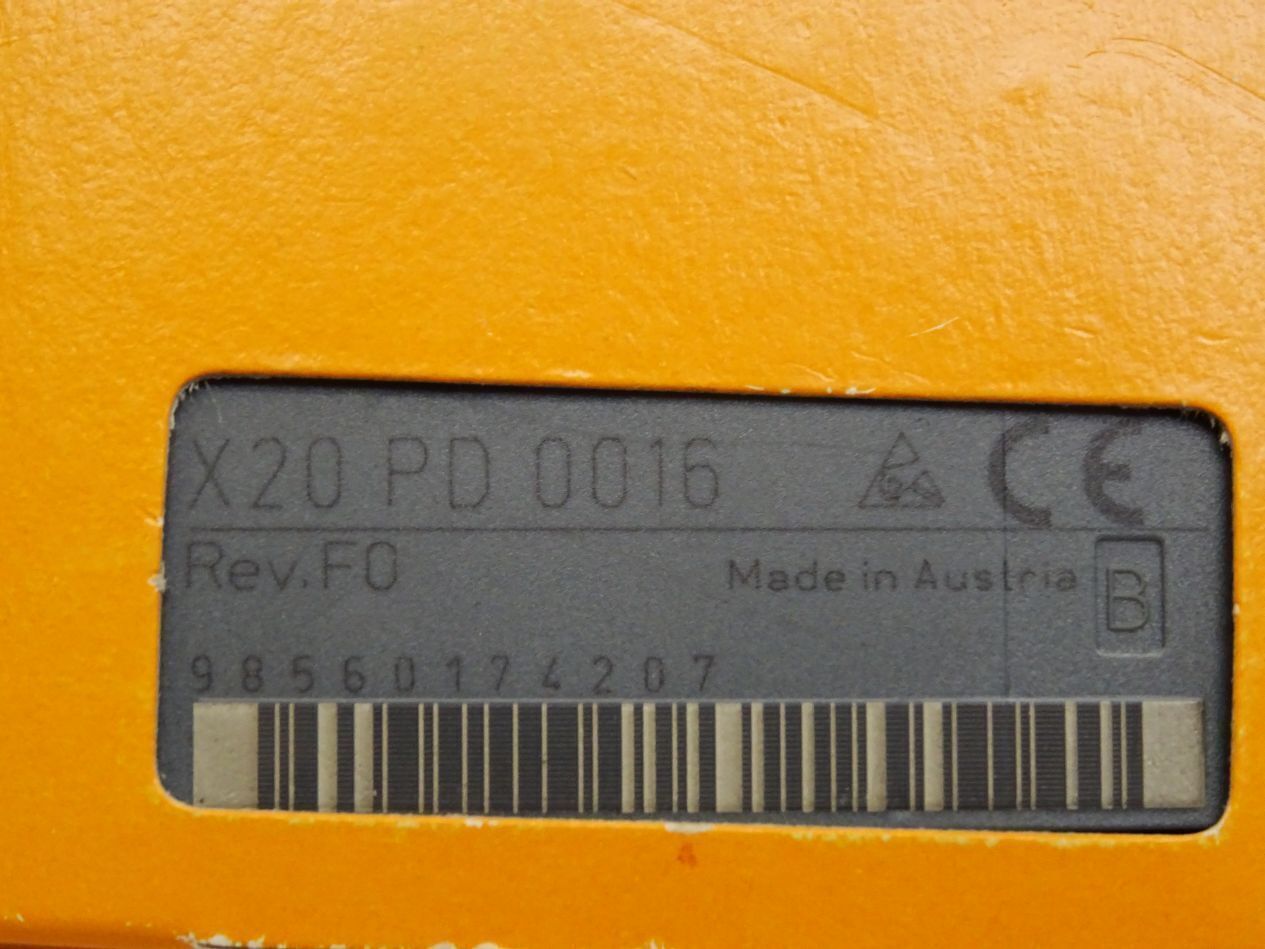 B&R X20 PD 0016 Rev.F0 power supply module, Made in Austria. Industrial automation part with barcode and details.
