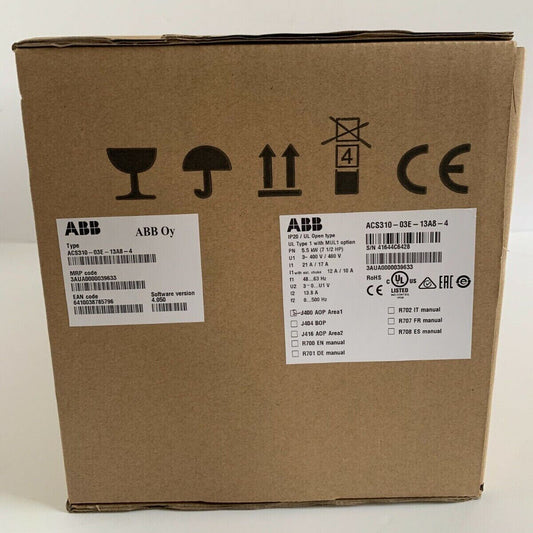 ABB ACS310-03E-13A8-4 Inverter Drive box with product information labels, new in box