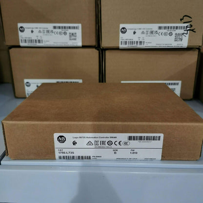 Allen-Bradley 1756-L73S Ser B GuardLogix Controller in a brown box. Industrial automation equipment, USA made.
