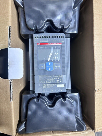 ABB PSE170-600-70 soft starter product in packaging. Features buttons, indicator lights, and product information.