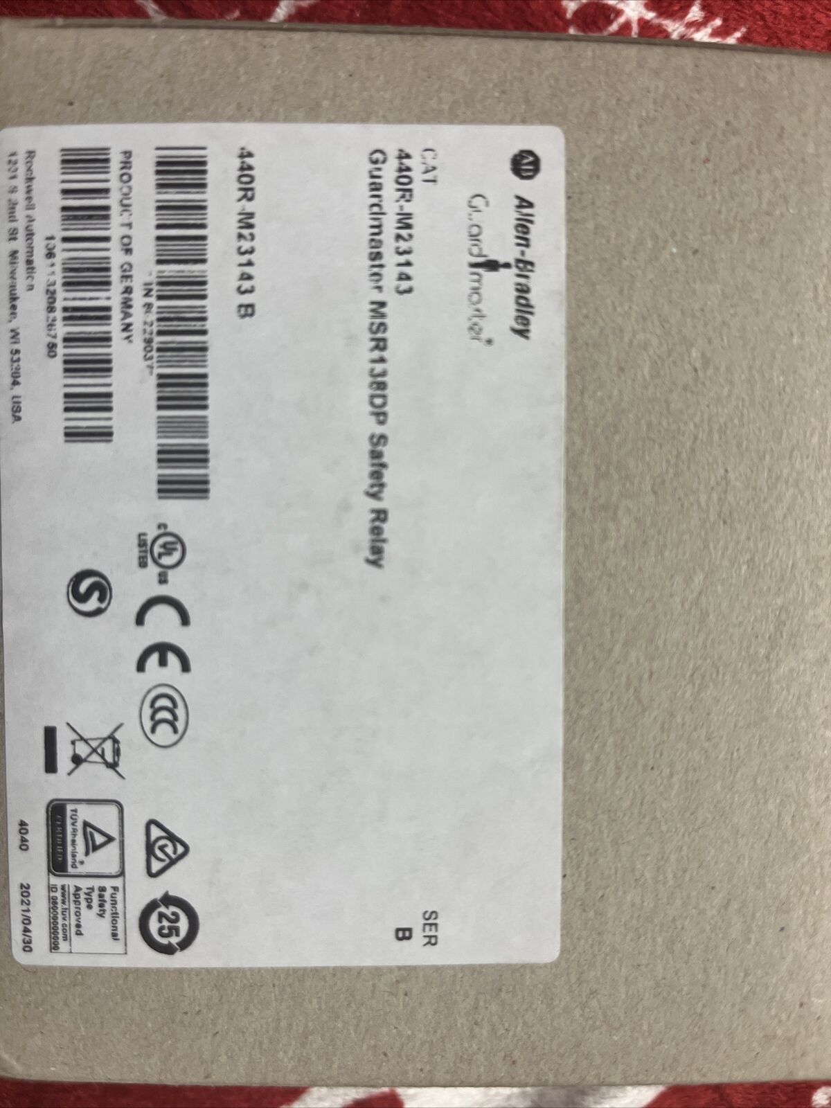 Allen-Bradley 440R-M23143 B MSR138DP Safety Relay, industrial automation component, product details visible, new in box.