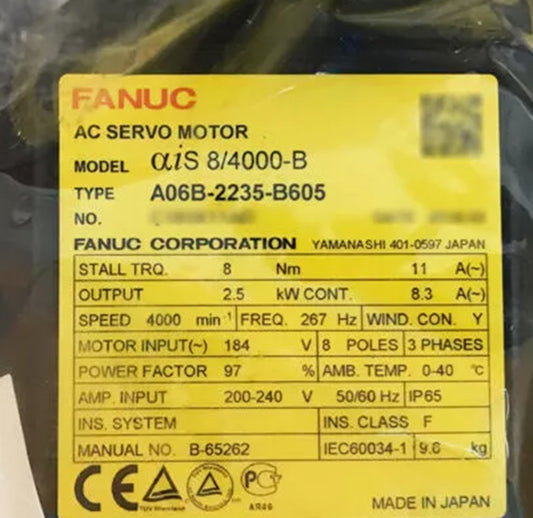 FANUC A06B-2235-B605 Servo Motor label, key component with model, type, and specifications for industrial automation.