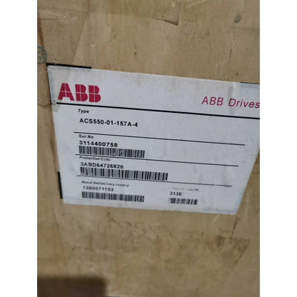 ABB ACS550-01-157A-4 Frequency Converter, product label with serial number and production code