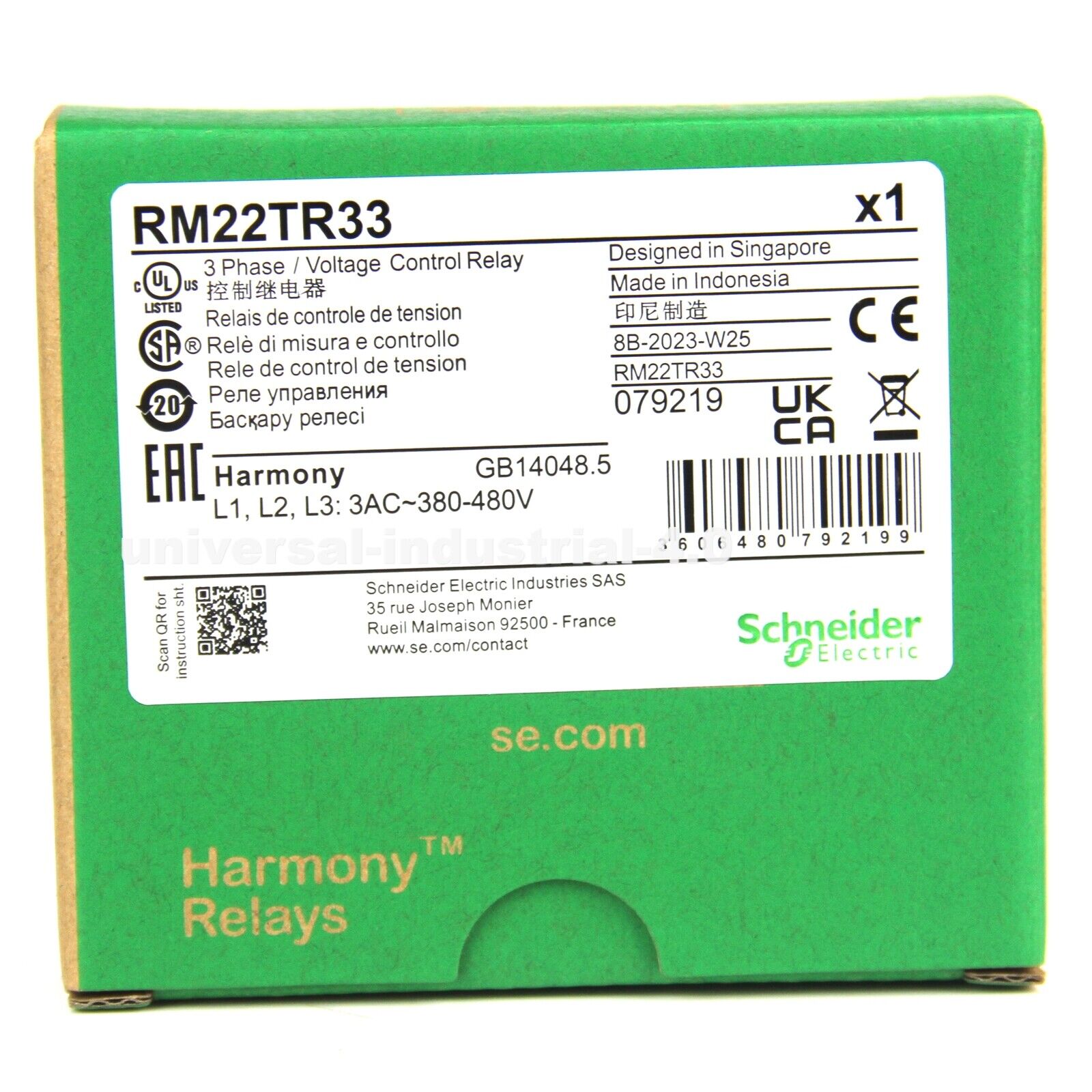 Schneider RM22TR33 Voltage Control Relay Box. Green packaging with product details, Harmony Relays.