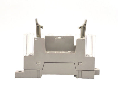 Omron P7SA-10F-ND power relay socket. Gray plastic base with transparent cover for industrial automation.