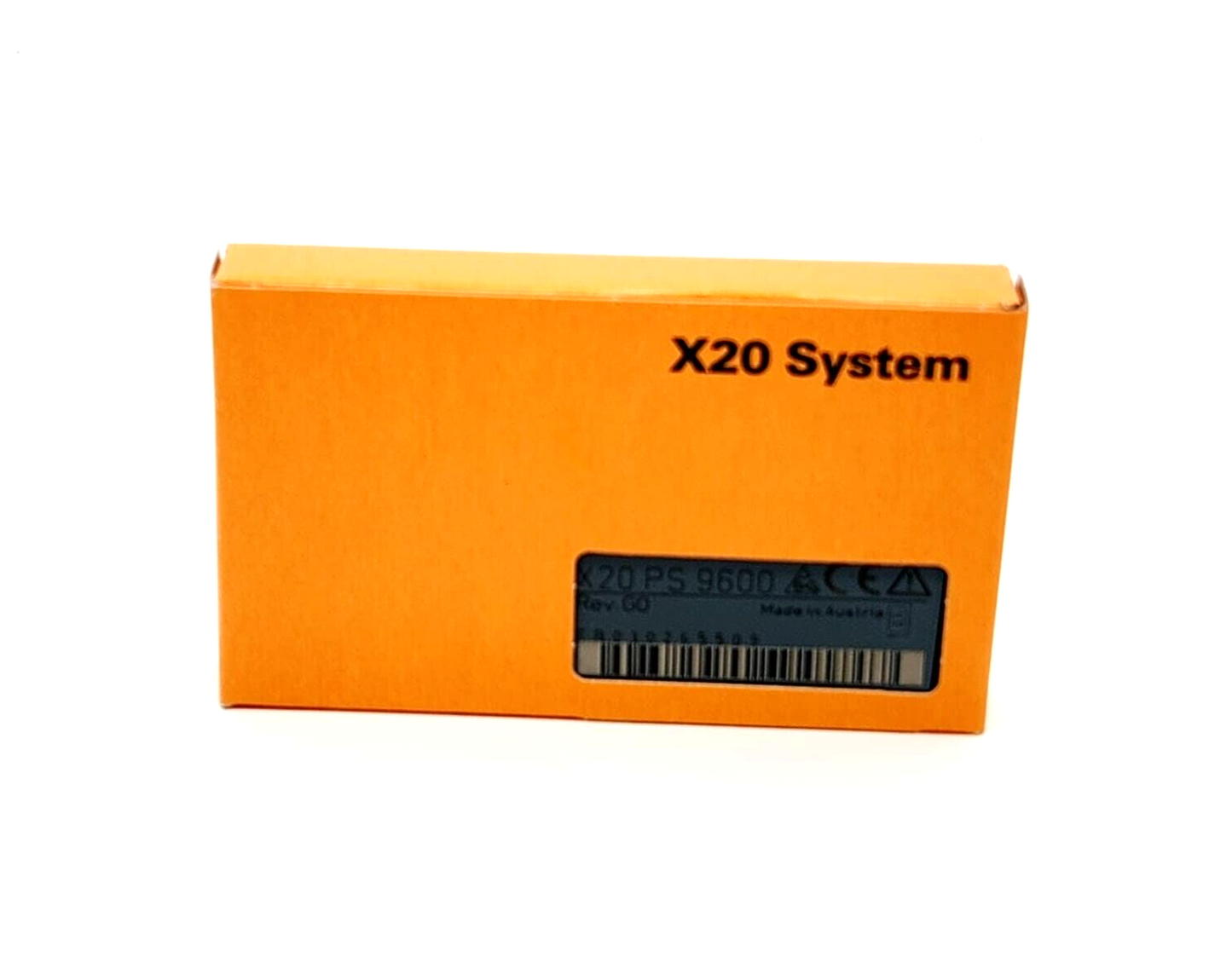 B&R X20 System Power Supply Module packaging, orange box, X20PS9600 model, Made in Austria.