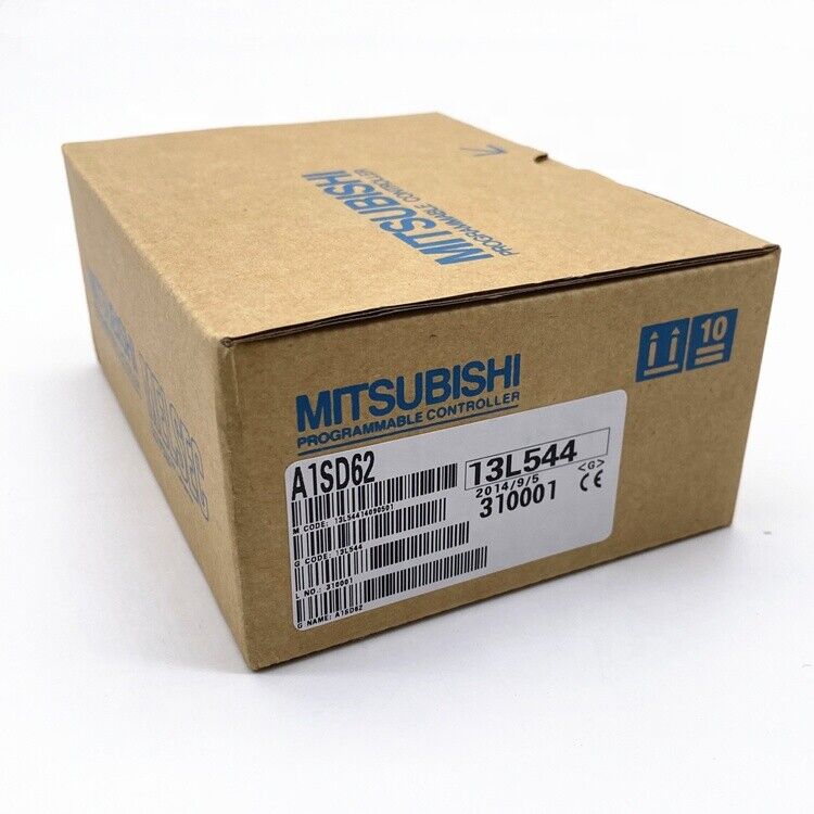 Mitsubishi A1SD62 PLC Module in original packaging, brown cardboard box with product label