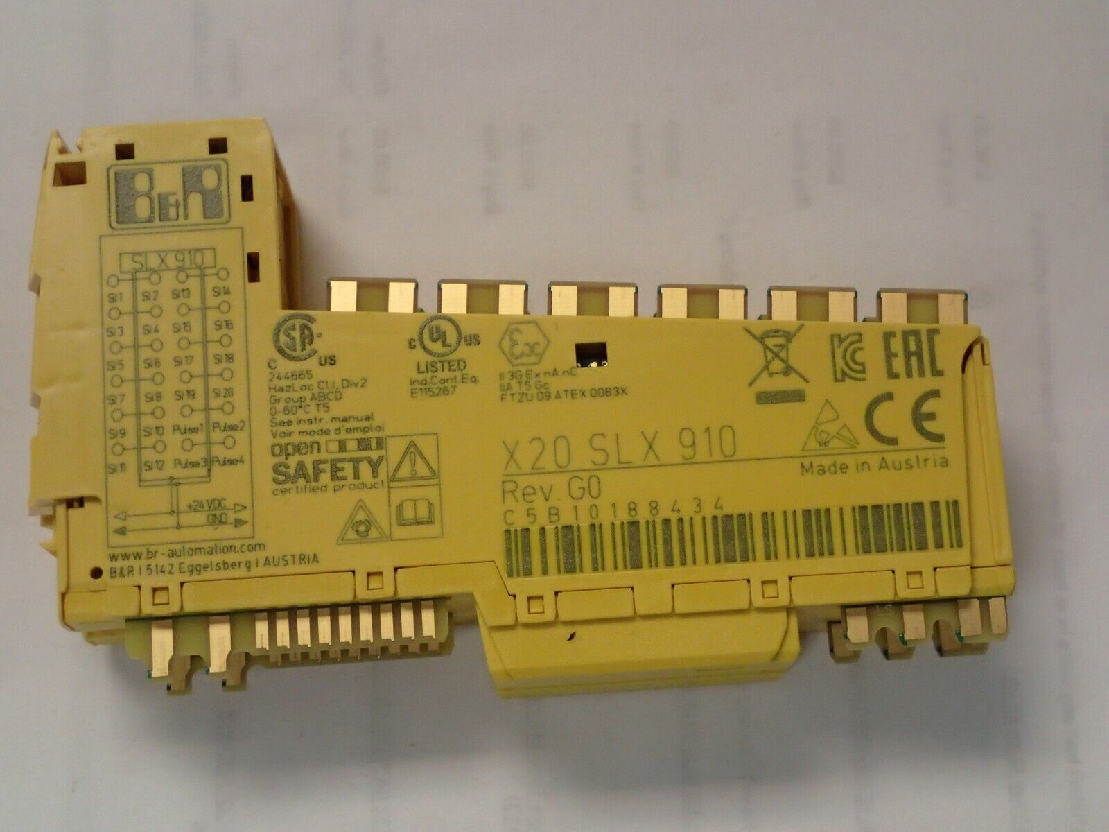 B&R X20 SLX 910 Automation Module Base, Yellow industrial I/O module, Made in Austria