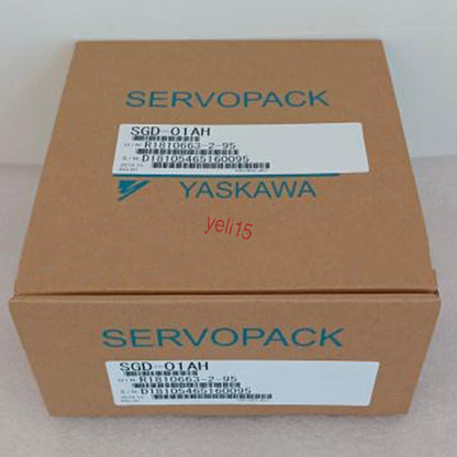 YASKAWA SGD-01AH Servo Drive in its original packaging, brown cardboard box with white label, SERVOPACK printed on the box.