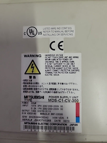 Mitsubishi MDS-C1-CV-300 Power Supply Unit label with warnings, specifications, and certifications.