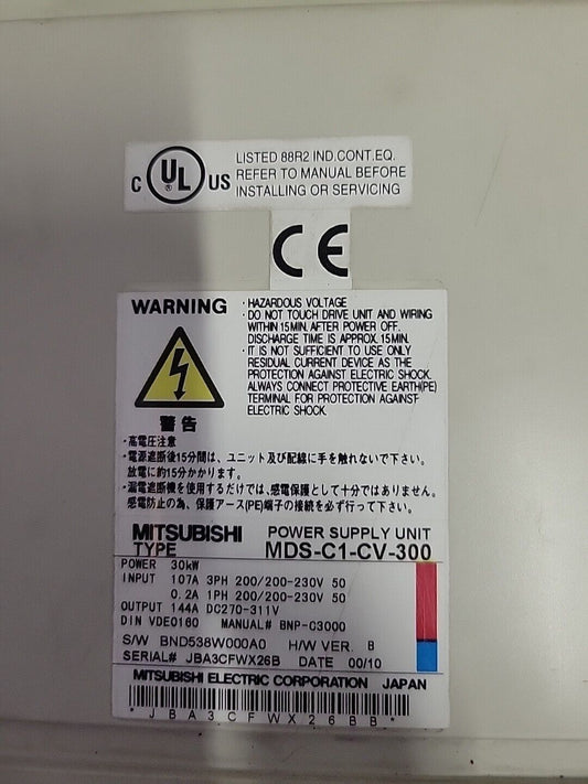 Mitsubishi MDS-C1-CV-300 Power Supply Unit label with warnings, specifications, and certifications.