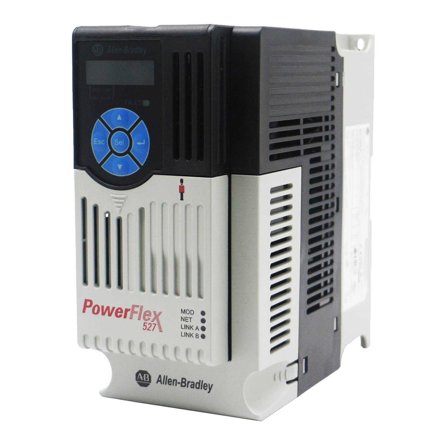 Allen-Bradley PowerFlex 527 AC Drive 480V, white and black, PLC Module with control panel, industrial automation parts.