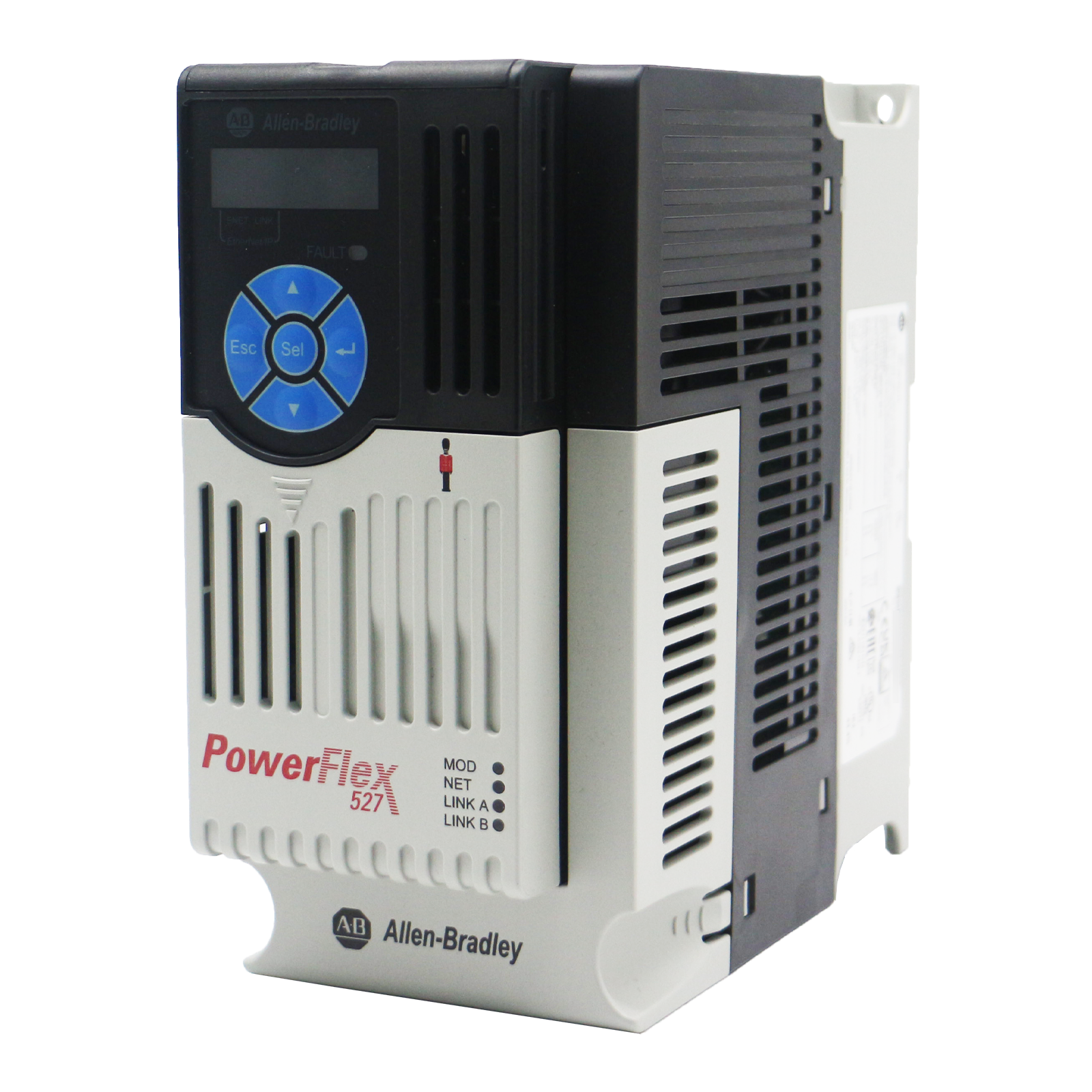 Allen-Bradley PowerFlex 527 AC Drive 480V, white and black, PLC Module with control panel, industrial automation parts.