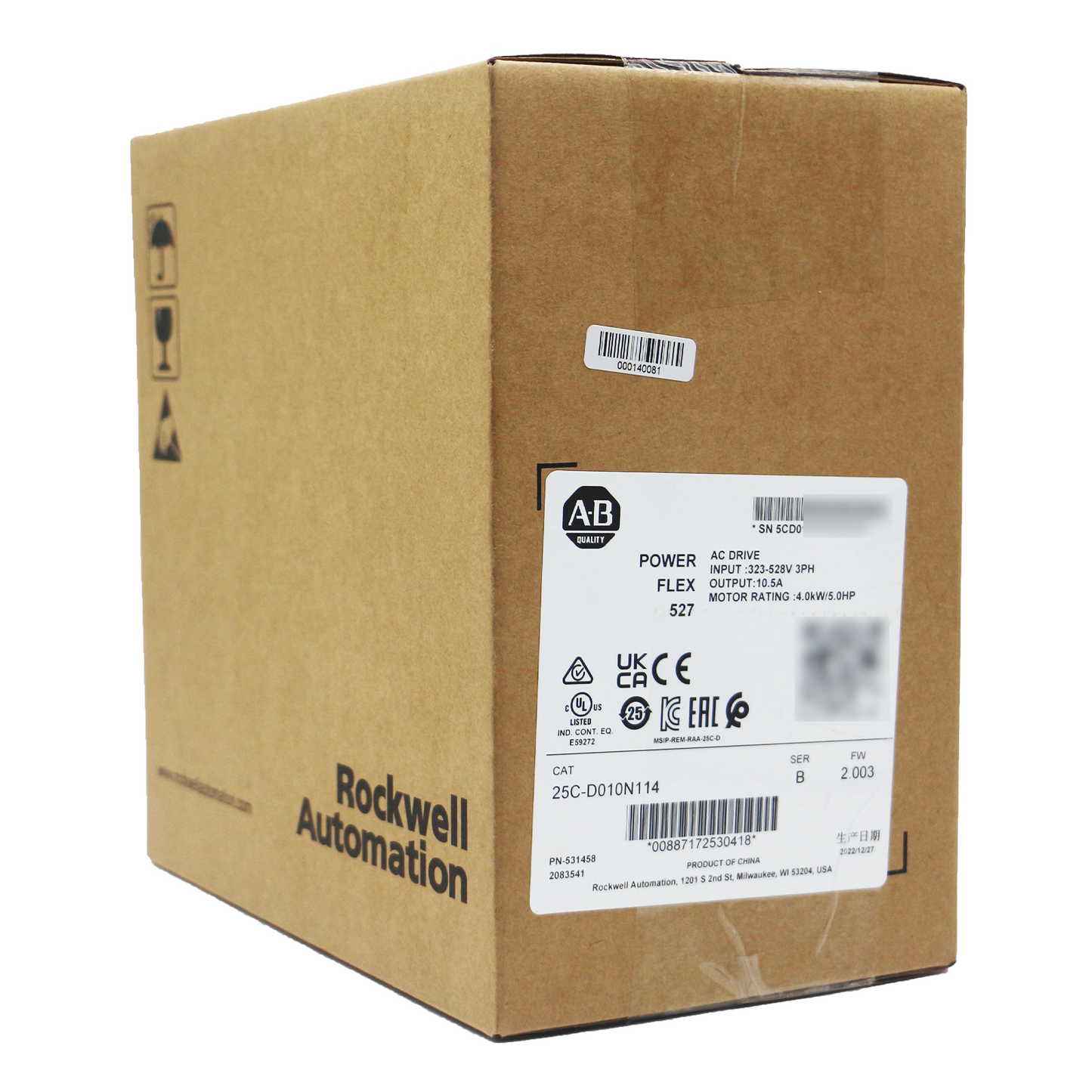 Allen-Bradley PowerFlex 527 AC Drive 25C-D010N114 in box. Industrial automation part with product details and certifications.