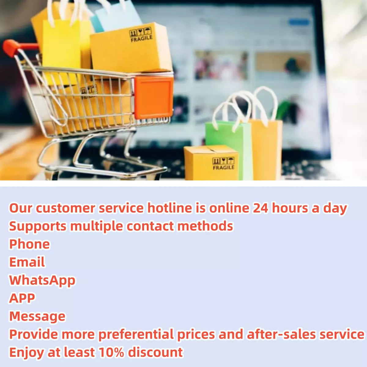 Online shopping cart with boxes and bags, multiple contact methods for customer service, quick response hotline support