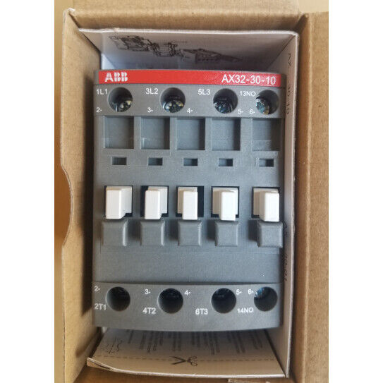 ABB AX32-30-10 Contactor, PLC component, showing clear labeling inside the box for industrial automation.
