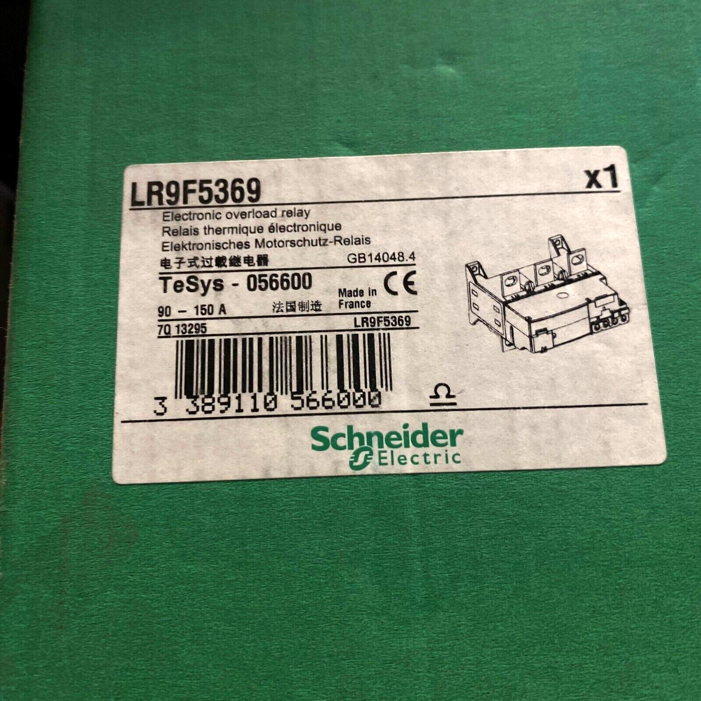 Schneider Electric LR9F5369 electronic overload relay for motor protection, 90-150A, TeSys series.