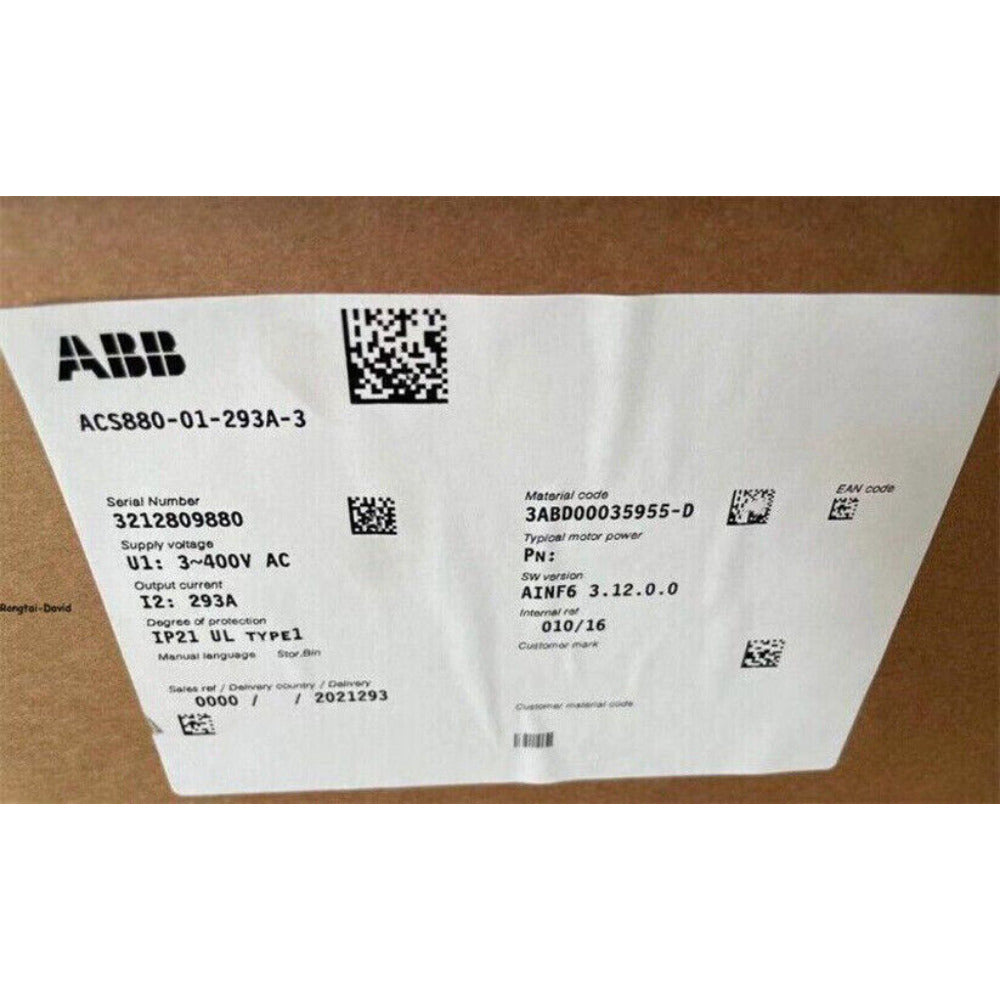 ABB ACS880-01-293A-3 Frequency Converter product label with serial number, specifications, and barcode.