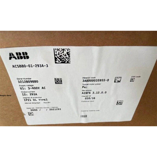 ABB ACS880-01-293A-3 Frequency Converter product label with serial number, specifications, and barcode.