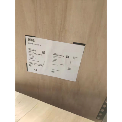 ABB ACS510-01-157A-4 frequency converter label, product information displayed on the label with CE mark.