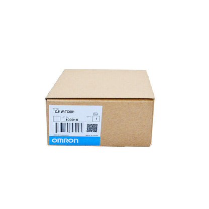 Omron CJ1W-TC001 PLC module in a cardboard box, new industrial automation part, MADE IN JAPAN.