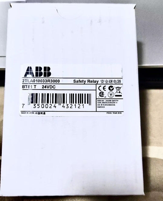 ABB BT51T 24VDC Safety Relay packaging, brand new product. Made in China, with product details and barcode.