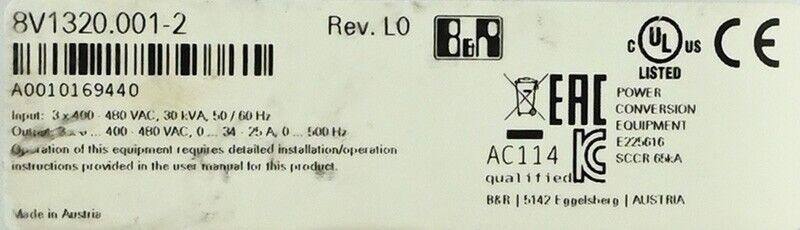 B&R 8V1320.001-2 Servo Motor Label with Specifications