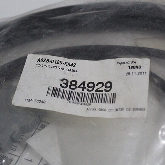 FANUC A02B-0120-K842 I/O Link Signal Cable, 0.5m, black with label showing product details.