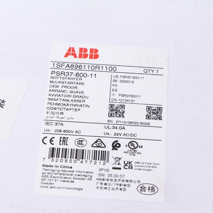 ABB PSR37-600-11 Soft Starter label details, 37A, 208-600V AC, product information