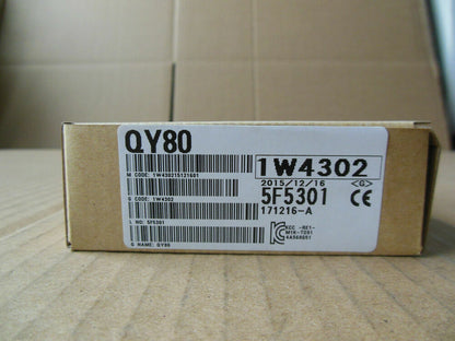 Mitsubishi QY80 Output Unit PLC Module in box, new in box. Model number 1W4302, 5F5301, from Radwell.